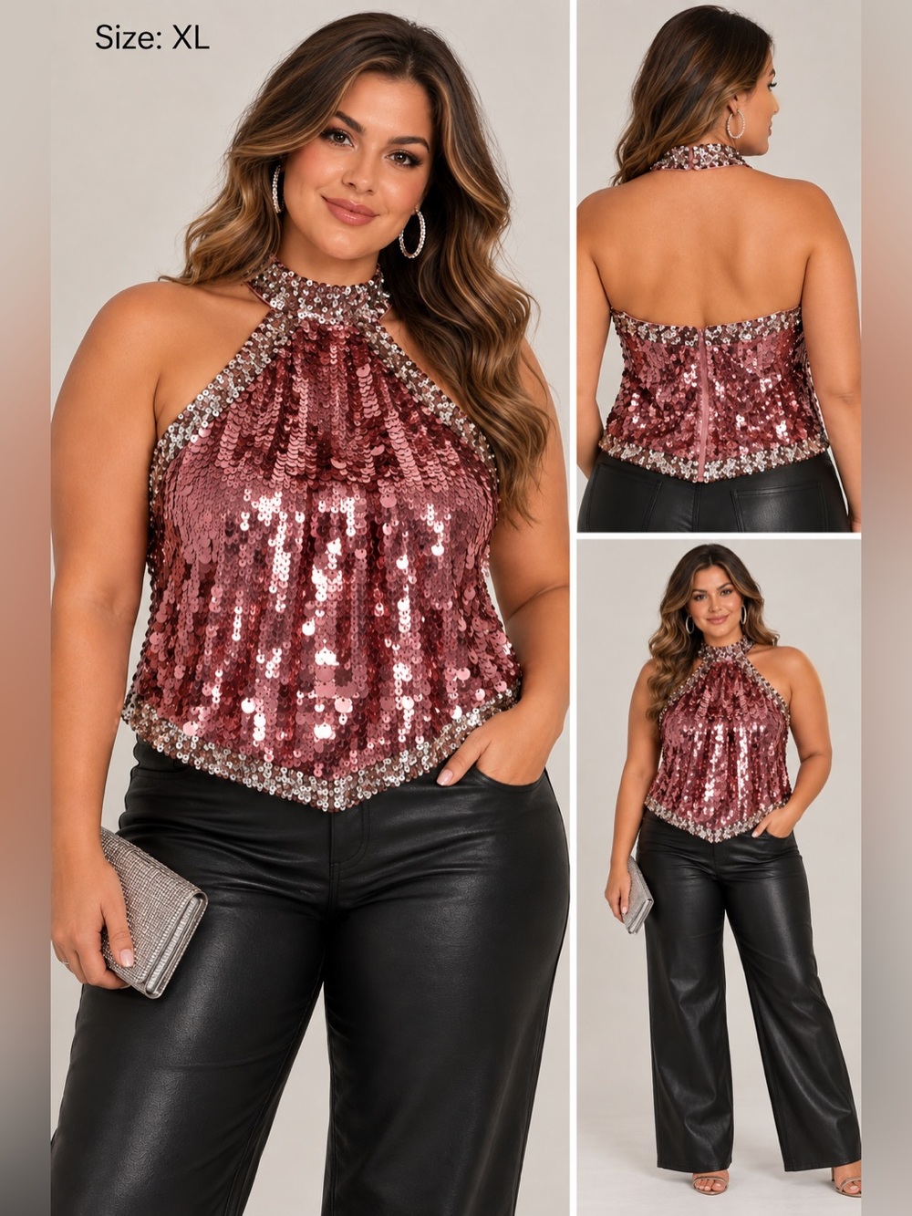 Pink Sequin Halter Crop Top